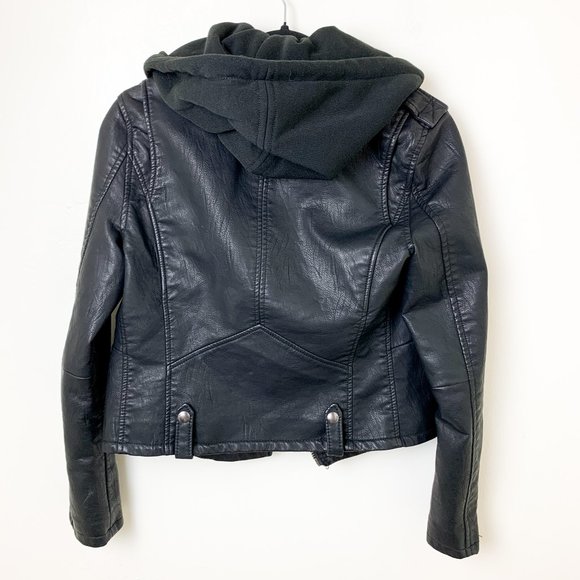 Blank NYC NEO Black Vegan Leather Zip Moto Jacket removable knit hood XS - Picture 13 of 14